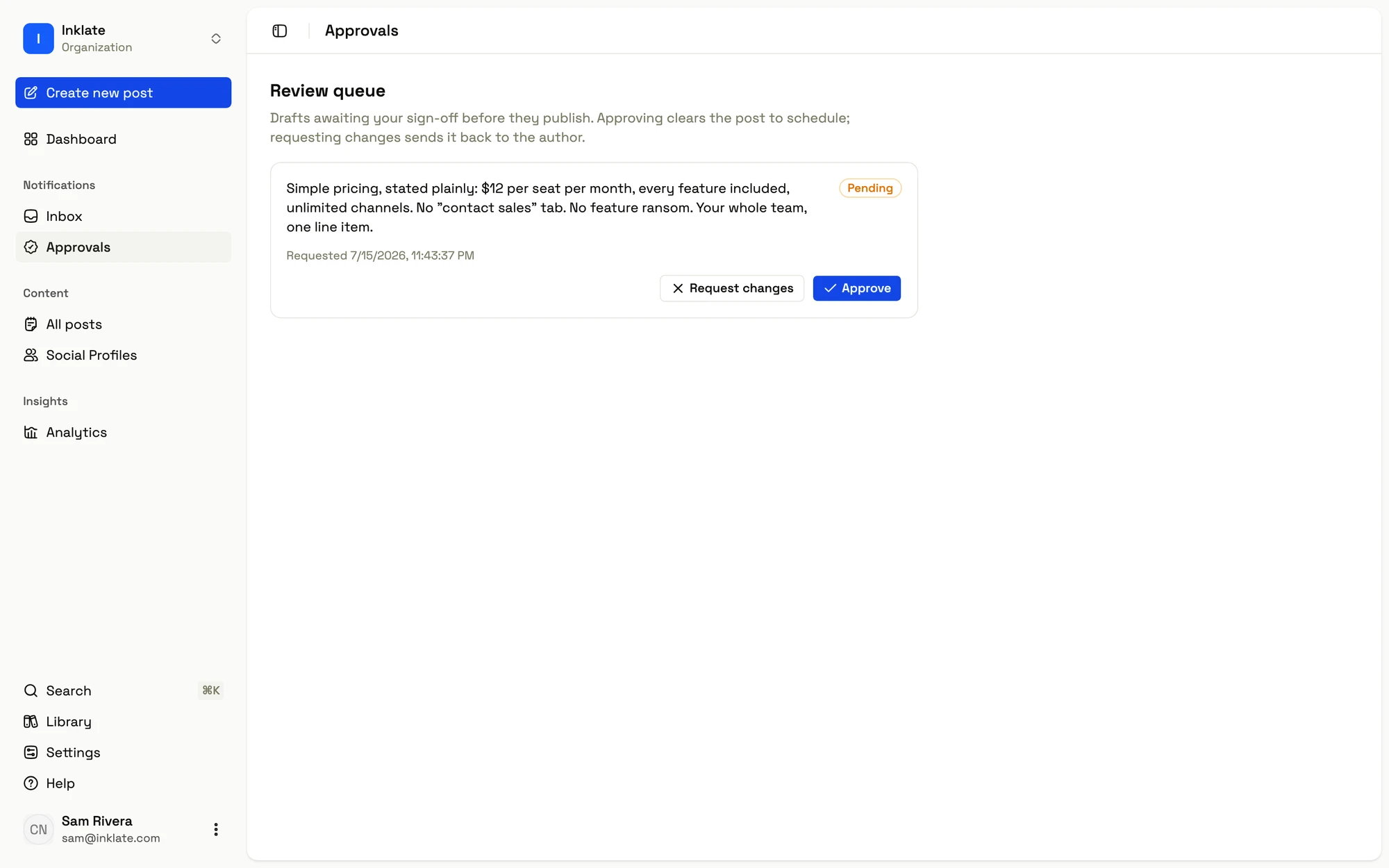 The Inklate approvals queue with a post waiting for sign-off