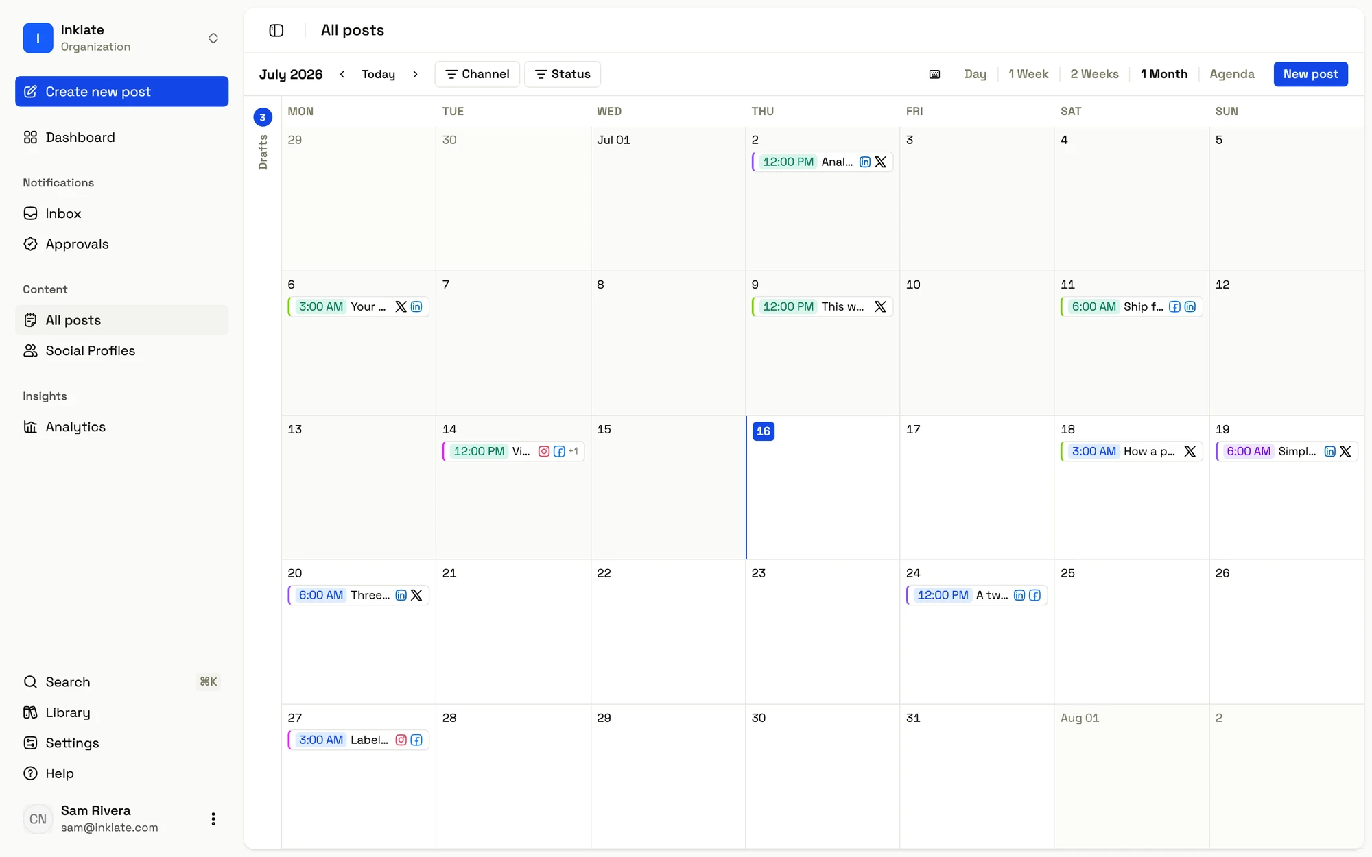 The All posts calendar in Inklate: a month of scheduled and published posts across LinkedIn, X, Instagram, and Facebook, with a drafts tray