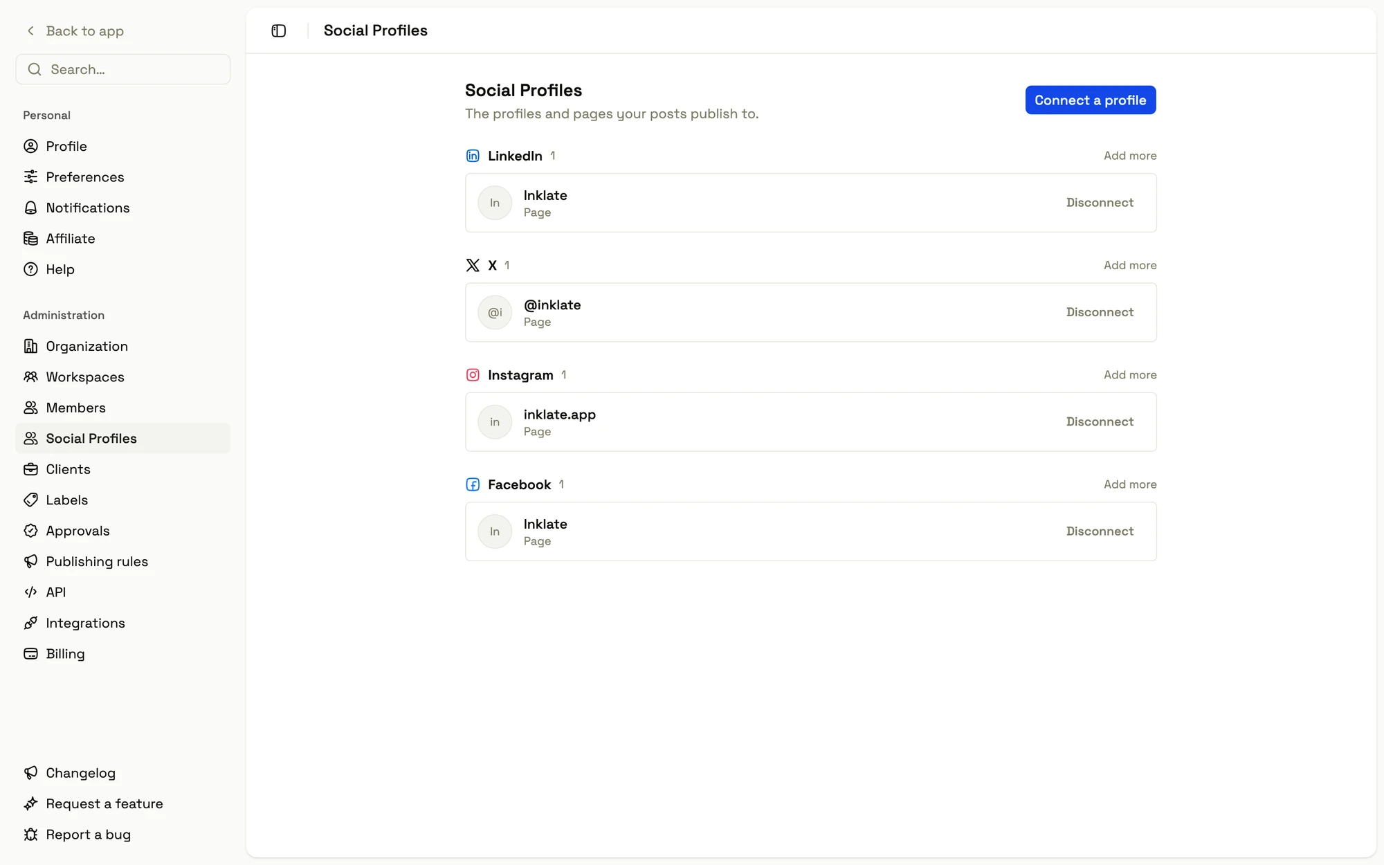 The Social Profiles page in Inklate showing connected channels grouped by network