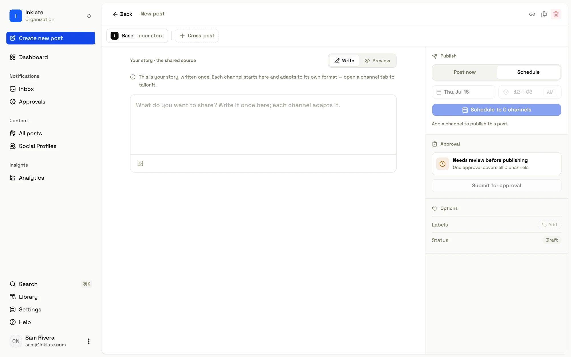 The Inklate composer: the Base story tab with the editor, and the rail with publish, approval, and options