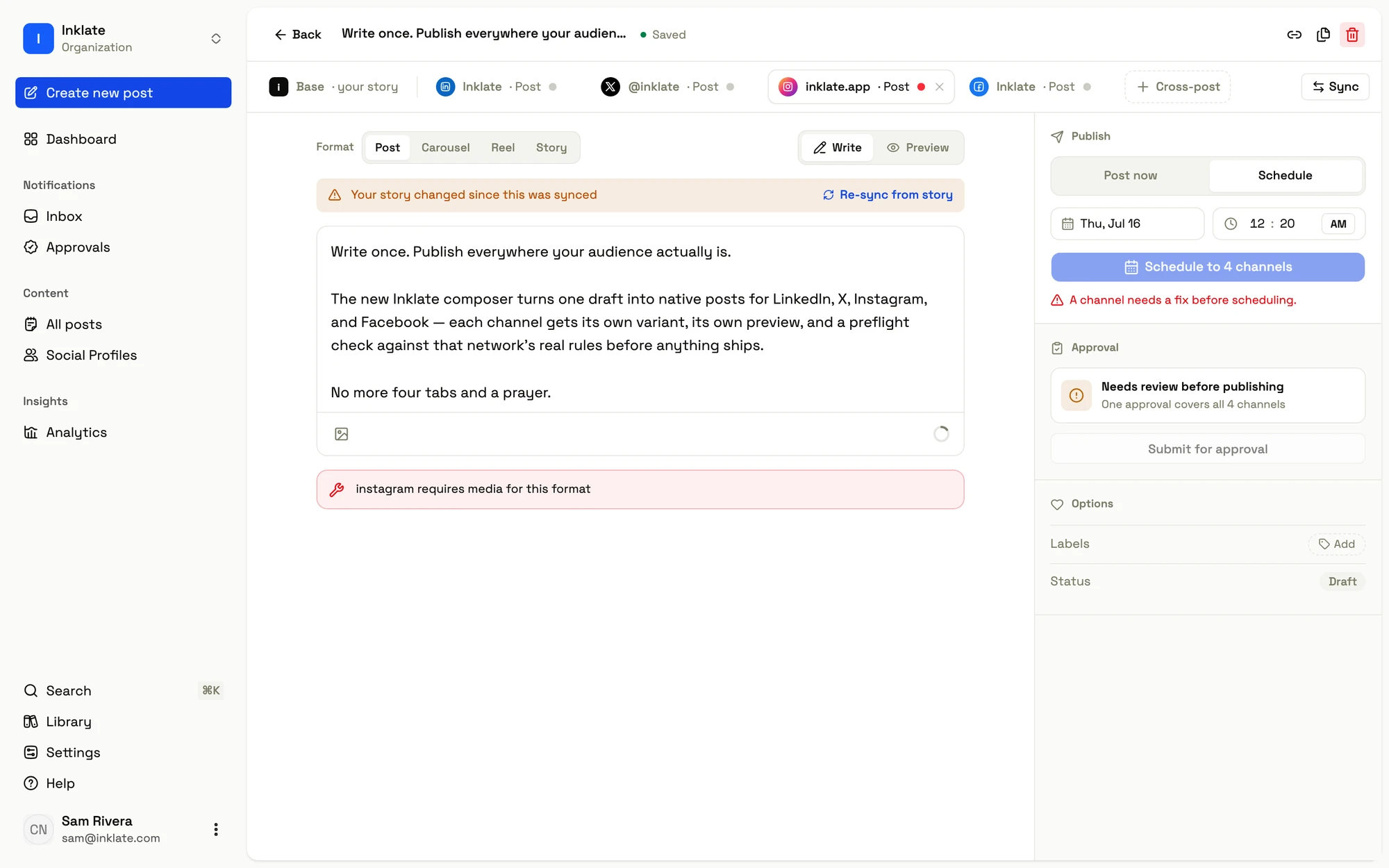 The Inklate composer flagging a failing channel: Instagram requires media for this format, so scheduling is blocked until it's fixed