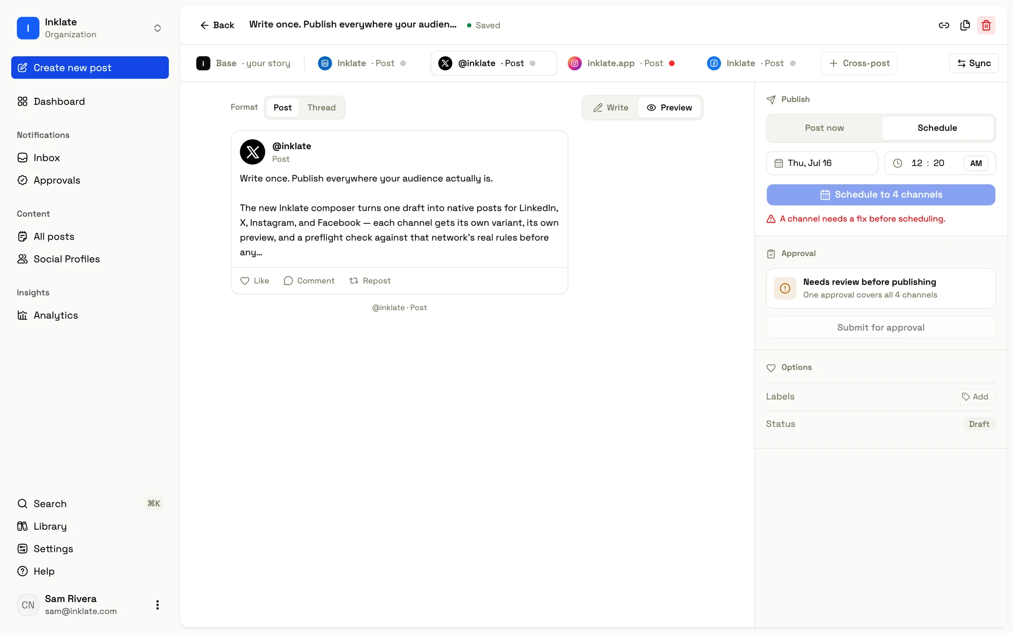 A four-channel post in the Inklate composer, on the X tab with its native preview and synced-from-story state