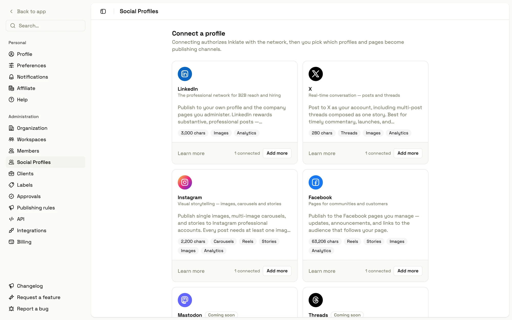 The three-tier connect directory in Inklate: live networks with their formats and limits, plus coming-soon tiers
